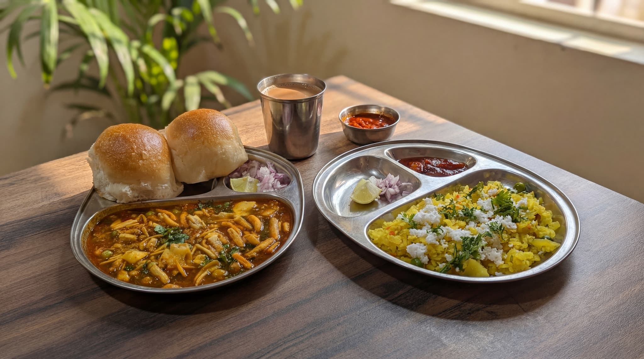 Maharashtrian breakfast at Save Farm — spicy misal pav with farsan and fresh poha topped with coconut and coriander served in steel plates