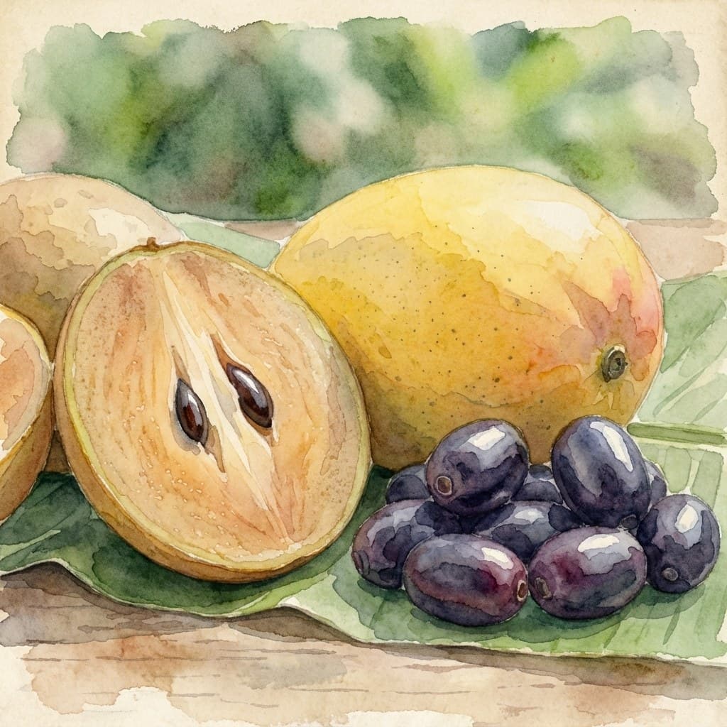 Tropical Konkan fruits including chikoo and jamun at Save Farm orchard Dahanu