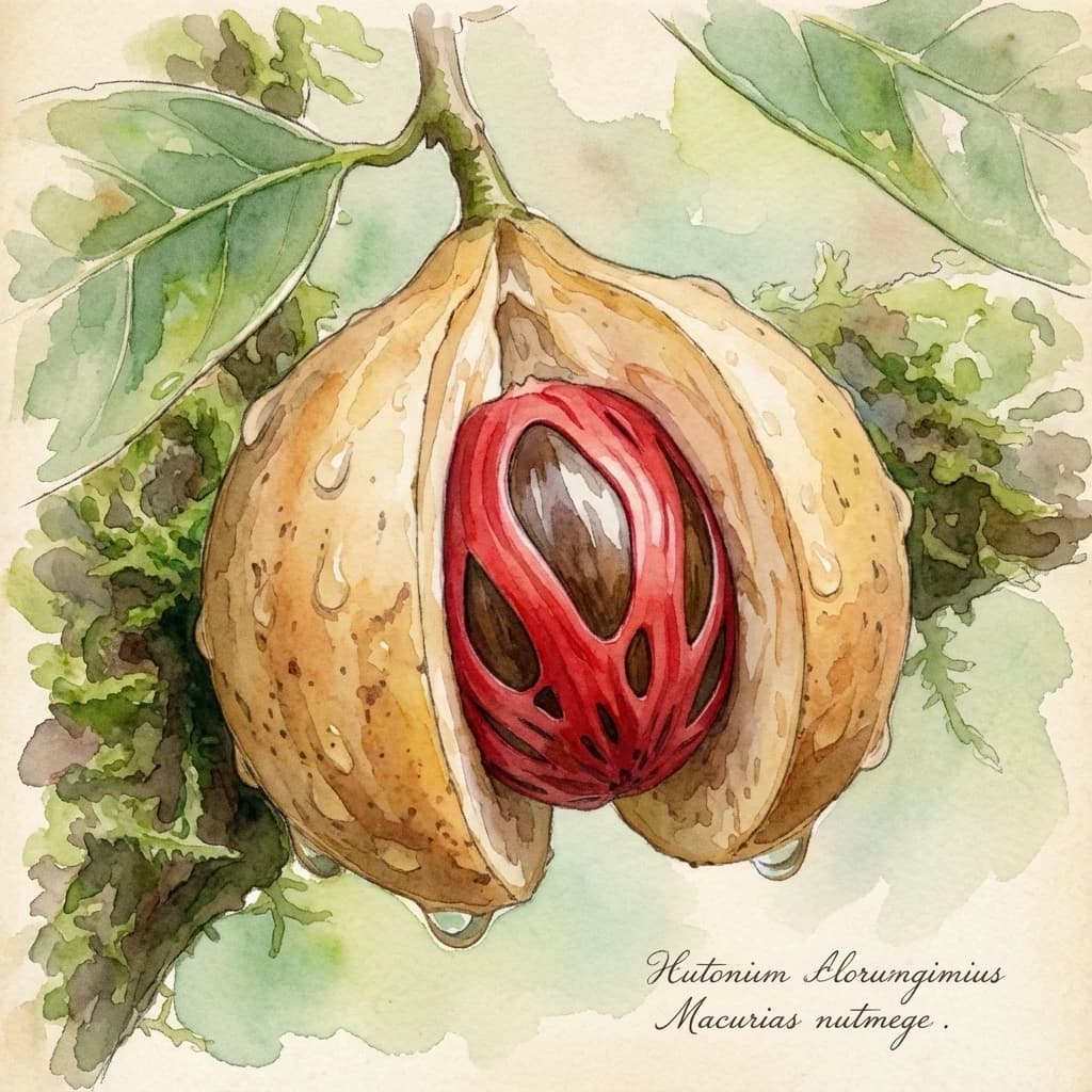 Nutmeg jaiphal (Myristica fragrans) aromatic spice at Save Farm Dahanu