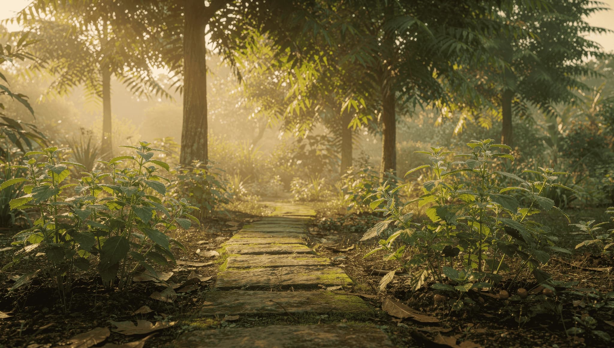 Lush botanical gardens at Save Farm featuring medicinal herbs and plants