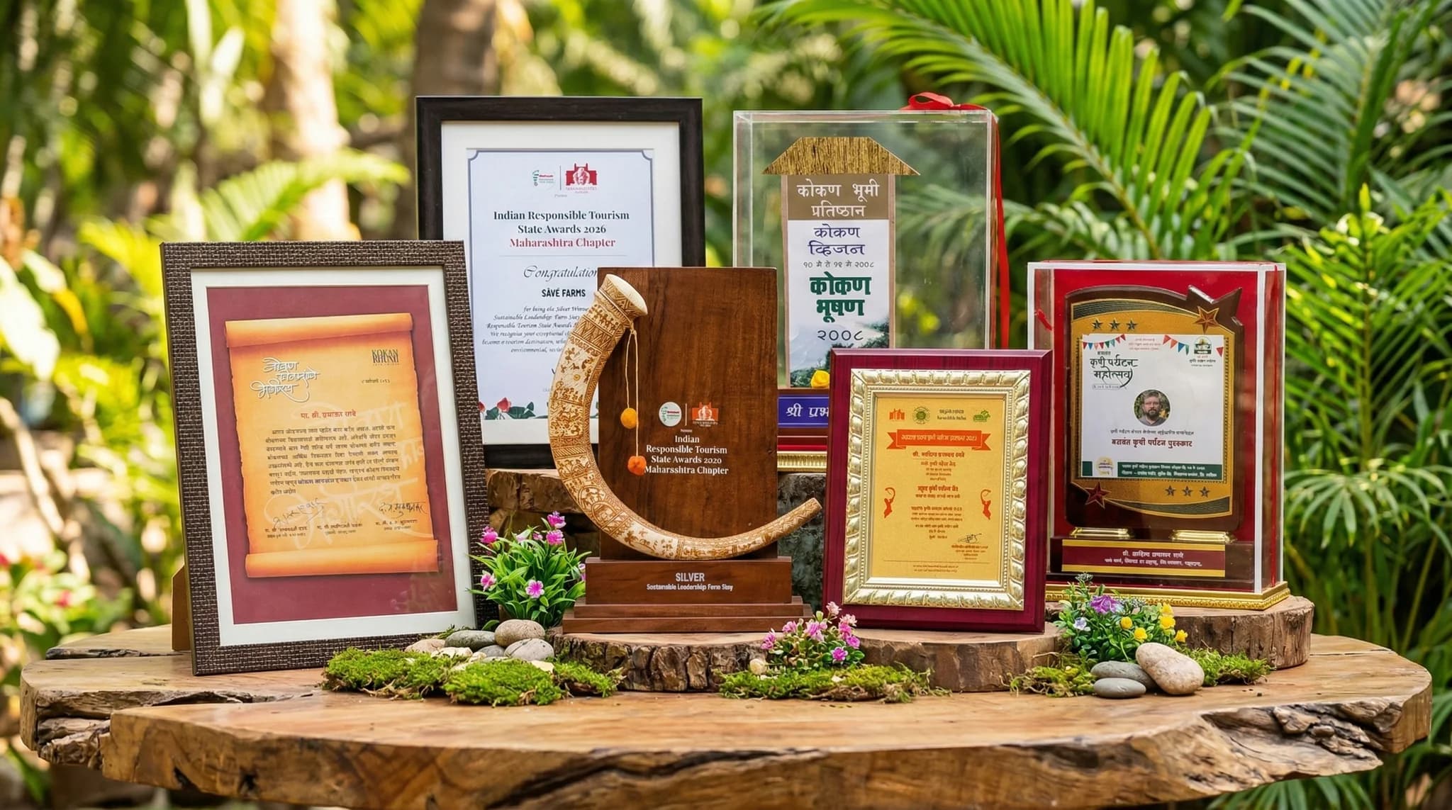 Save Farm awards and recognition collection — Konkan Bhushan, Konkan Idol, Best Agri-Tourism Center, Baswant Krushi Paryatan Puraskar, and IRTSA Silver displayed on wooden table